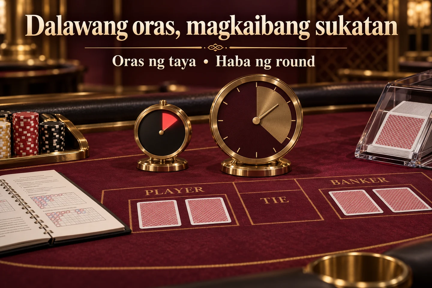Burgundy baccarat study table with two separate clocks, face-down cards and rules notebook.