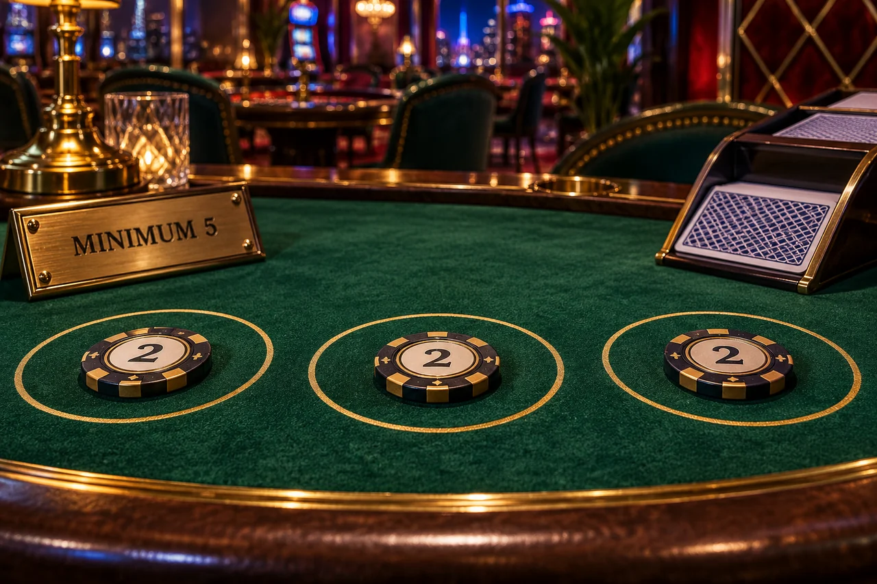 Three separate casino-table positions each contain a chip marked two beside a minimum-five sign.