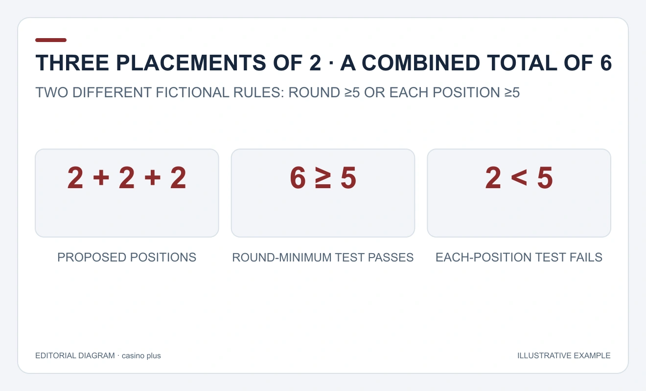 Three placement amounts total six, which passes the round minimum; each amount of two fails the separate position minimum.