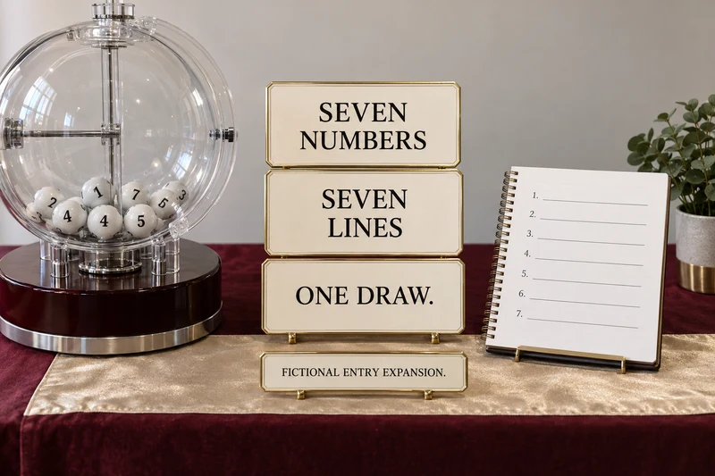 Lottery drum beside a fictional teaching display labelled SEVEN NUMBERS, SEVEN LINES and ONE DRAW