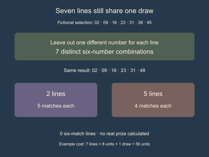 Seven selected numbers produce seven six-number lines for one draw; the fictional result produces two five-match and five four-match lines