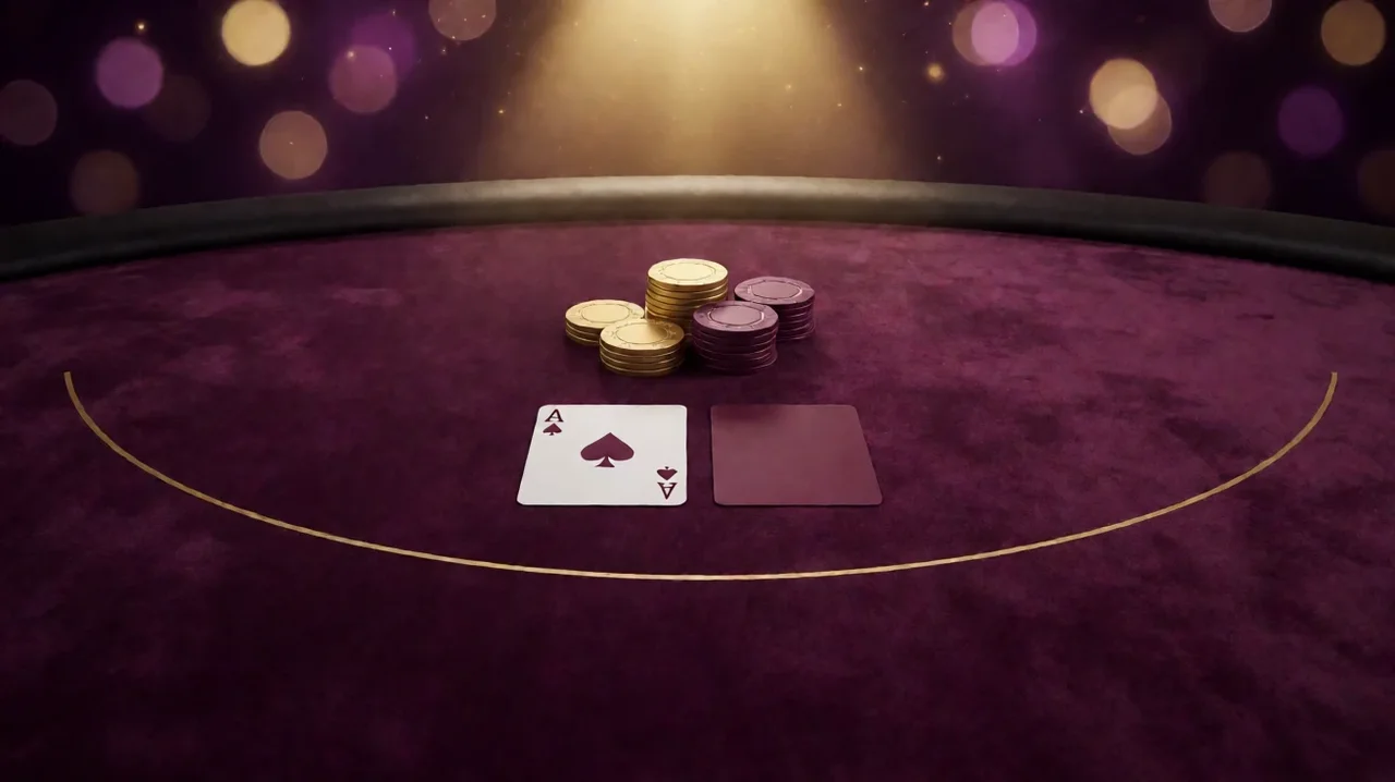 A dealer's ace of spades lying face up beside a face-down card with a burgundy back on a plum velvet blackjack table, with stacks of gold and plum chips under a warm spotlight