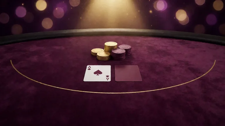 A dealer's ace of spades face up beside a face-down burgundy-backed card on a plum velvet blackjack table