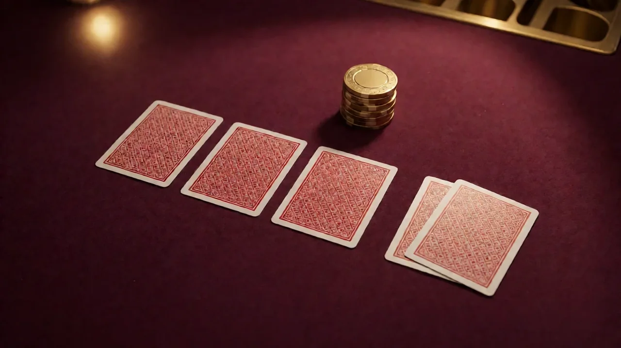 Five playing cards lying in a row on a burgundy felt table, the three on the left face down and the two on the right face down, with a small stack of gold chips behind them