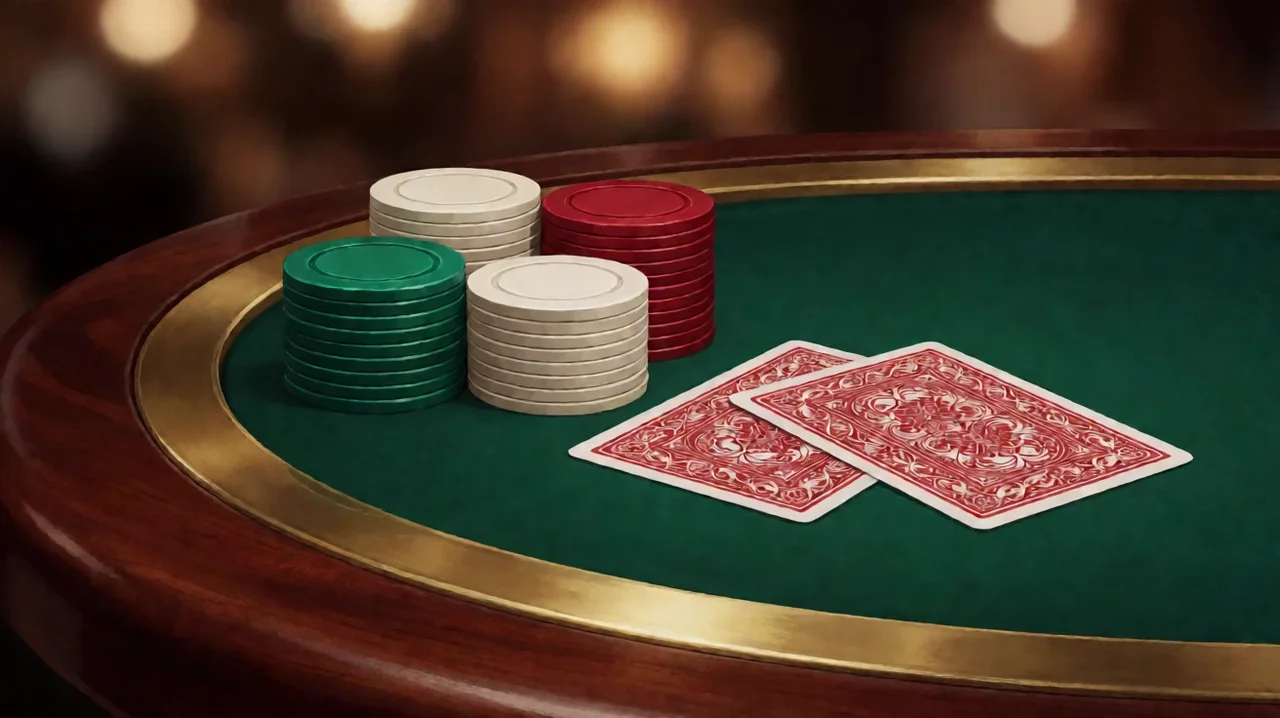 Stacks of plain green, ivory and red chips beside two face-down red-patterned cards on green felt with a mahogany and brass table rim