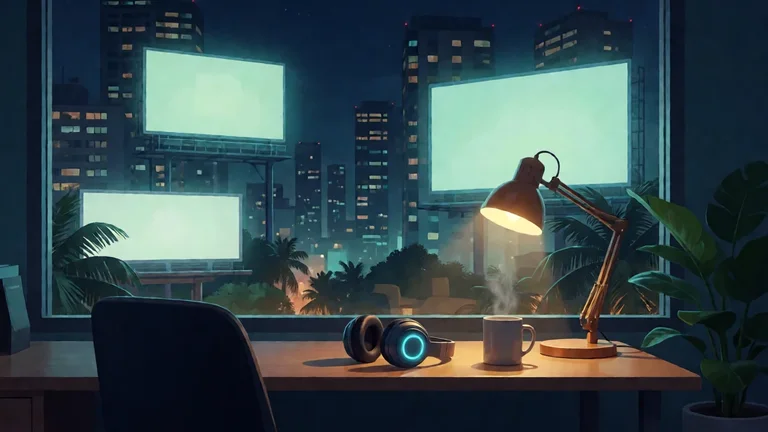 A quiet support desk at night with a glowing headset, a warm lamp and a steaming mug, in front of a window onto a tropical skyline with plain lit billboards