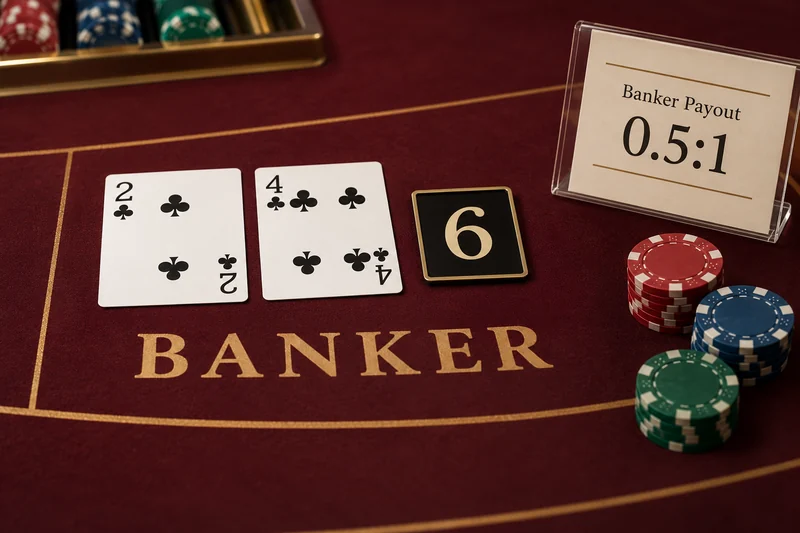 Baccarat teaching cards total 6 beside a 0.5:1 rule card.